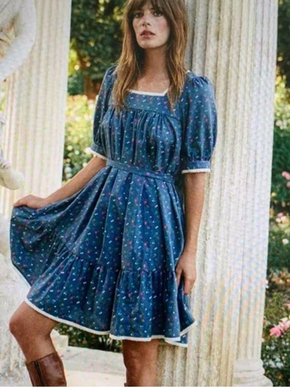 Christy Dawn Blue Floral Square-Neck Mini Dress with Puff Sleeves
